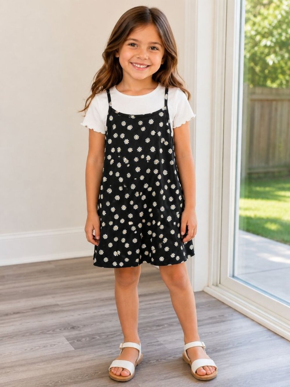 Cat & Jack 2 Pc Floral Dress & White Top Set Girls XS 4/5 Black Daisy Outfit